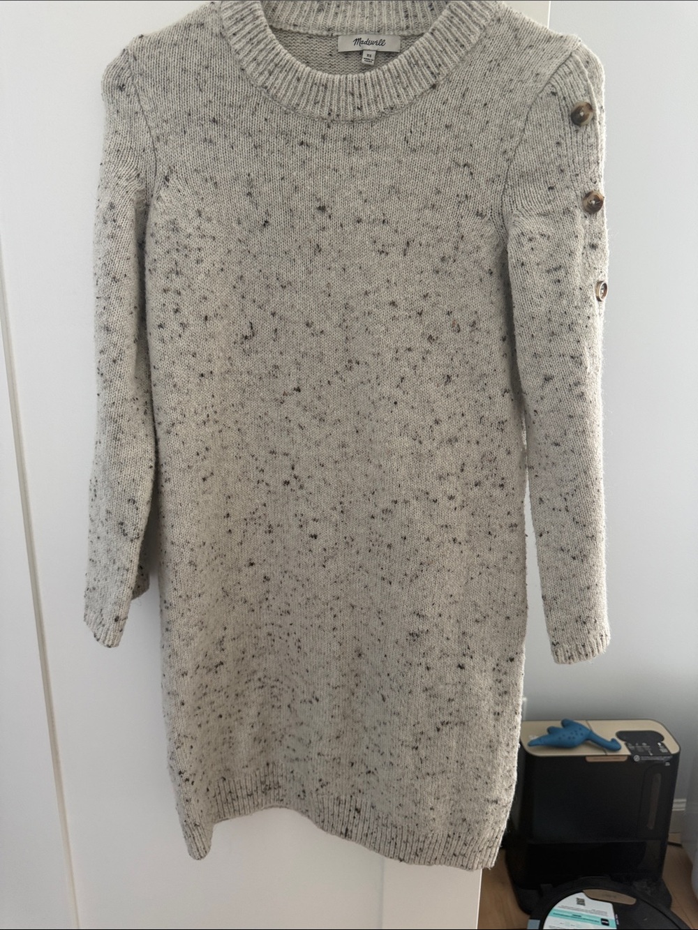 Madewell Speckled Cream Knit Mini Dress with Button Shoulder